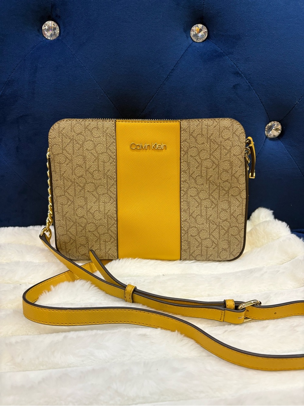 Calvin Klein Yellow and Brown Signature Crossbody Bag
